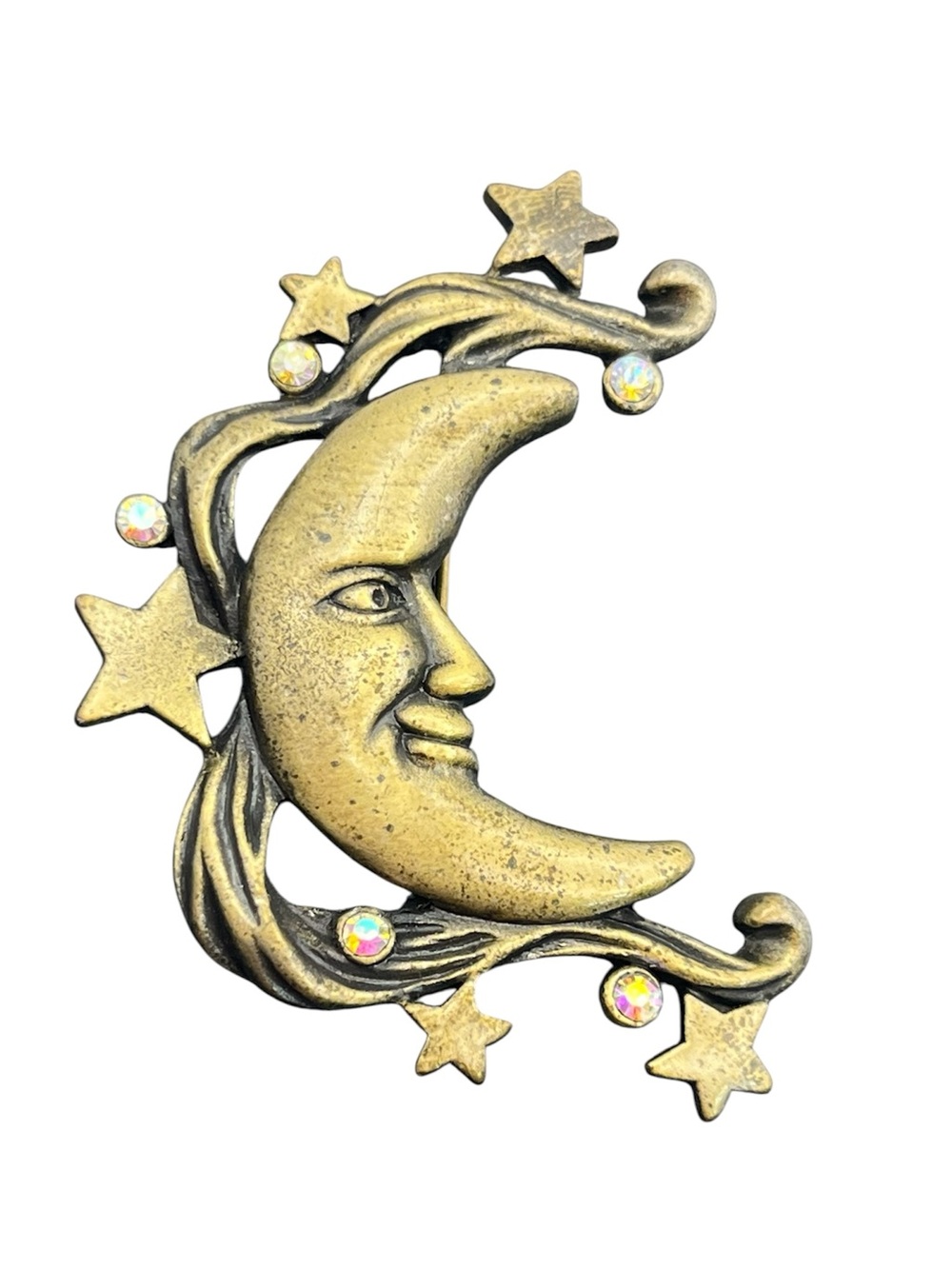 Crescent moon gold tone aurora borealis rhinestone DD Patricia Dash brooch pin